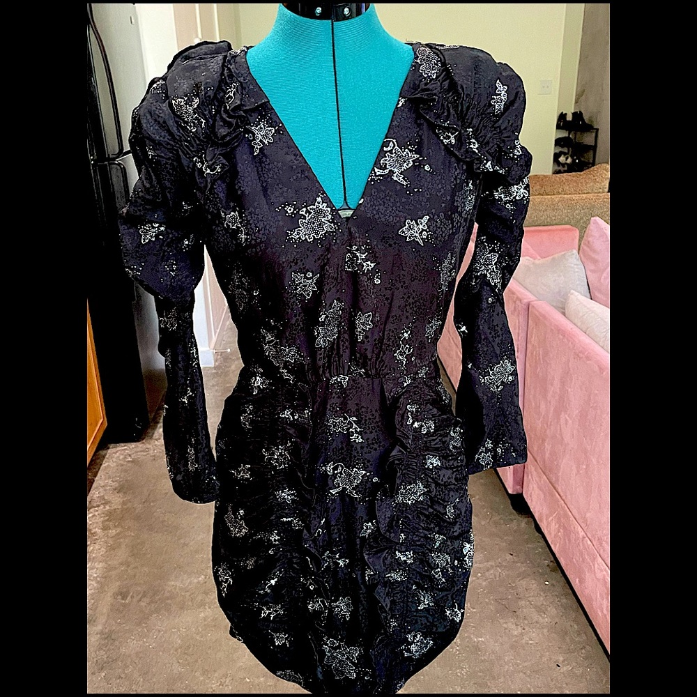 Rebecca Taylor Long Sleeve Black Silk Jacquard Glitter Dress